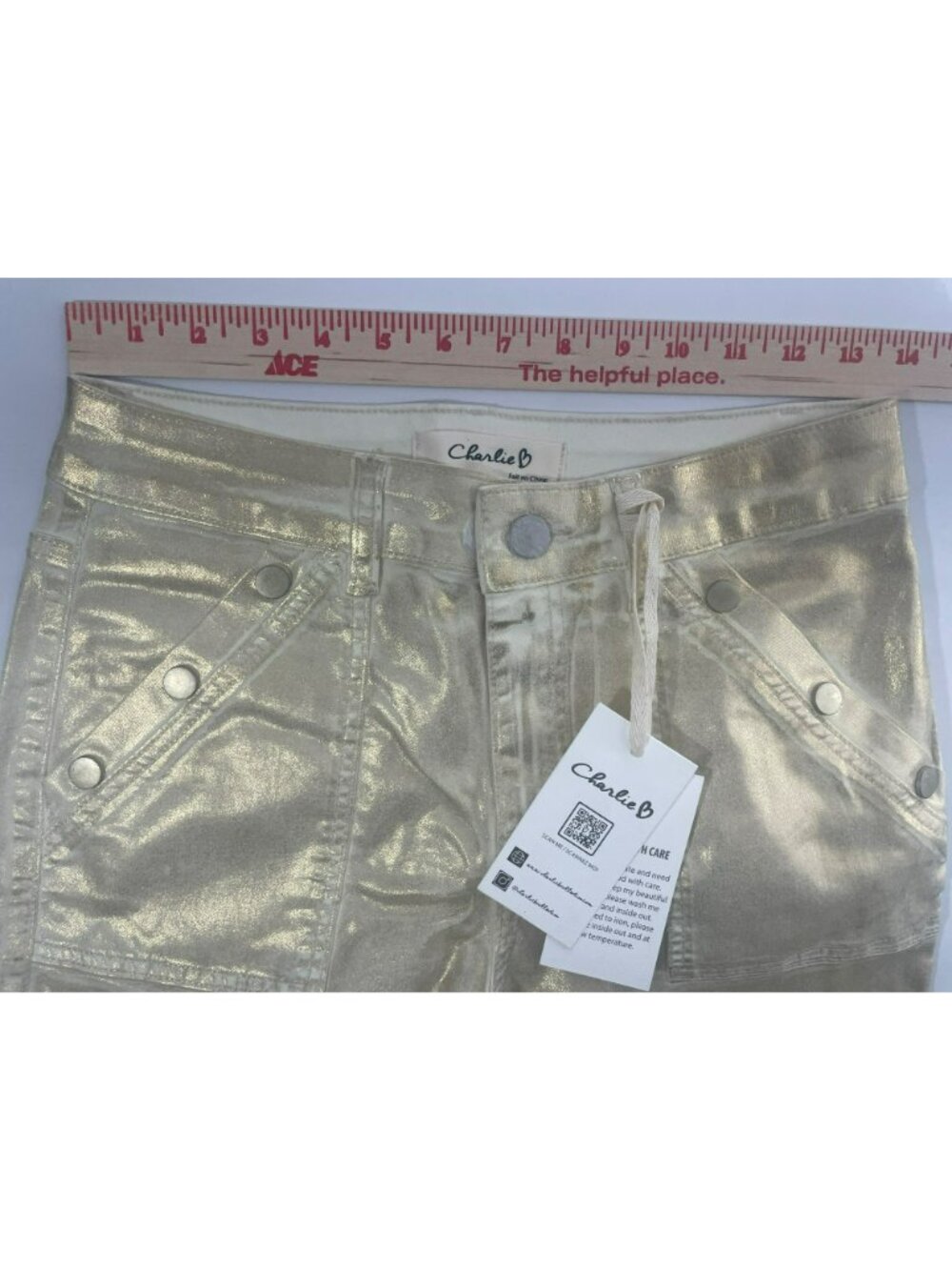 Charlie B Metallic Gold Straight-Leg Stretch Jeans Regular Rise Wmn's Sz 2 NWT - Picture 7 of 10